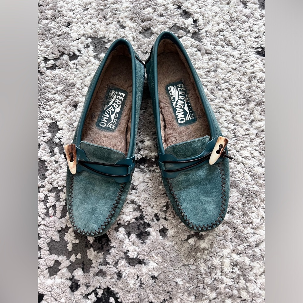 Salvatore Ferragamo Suede Fur Lined Driving Loafer Slipper Shoe EUC